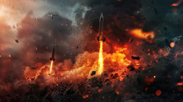 military bombing or air strike burning target location with missile rockets and shells with fire and smoke at destroyed warzone for world war and explosion concepts, wide copy space, Generative AI