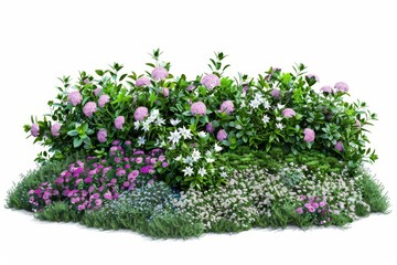 Naklejka premium Isolated garden design with flowers plants and hedge on white background High quality clipping mask included