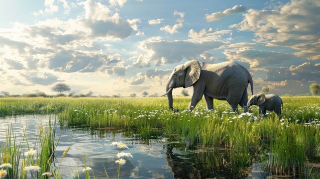 Mother elephant with her calf walking through a picturesque meadow by the water. tranquil wildlife scene in a serene setting. AI