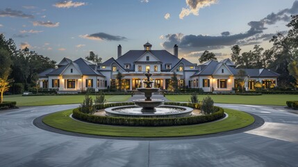 Luxurious suburban farmhouse with a large circular driveway, and a water fountain in the center, flanked by manicured lawns