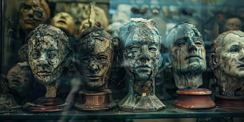 The Hollow Victories of Self-Destruction: A trophy case filled with empty, dusty trophies, symbolic of the empty triumphs of a doomed society.