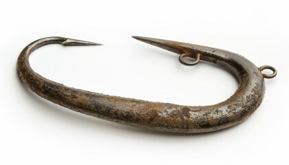 Isolated white background photo of a large fishing hook for sturgeon fish with clipping path