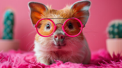 Naklejka premium Cute Guinea Pig Wearing Pink Glasses on a Pink Background