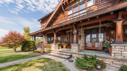 Fototapeta premium suburban farmhouse with a craftsman-style design, featuring hand-carved wooden details, a stone fireplace, and an inviting front porch with swing
