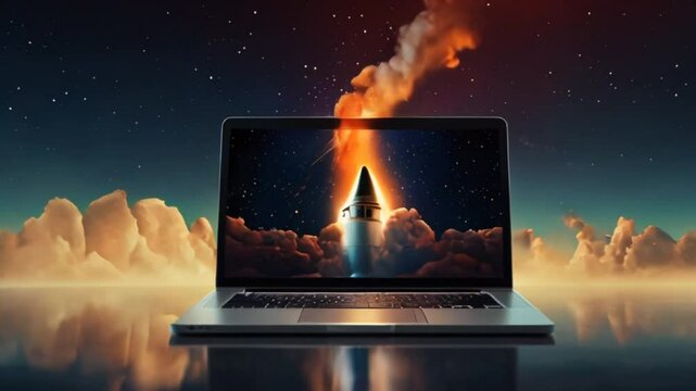  A sleek laptop bursts into action, a vibrant rocket erupting from its screen, propelling innovation and creativity to new dimensions
