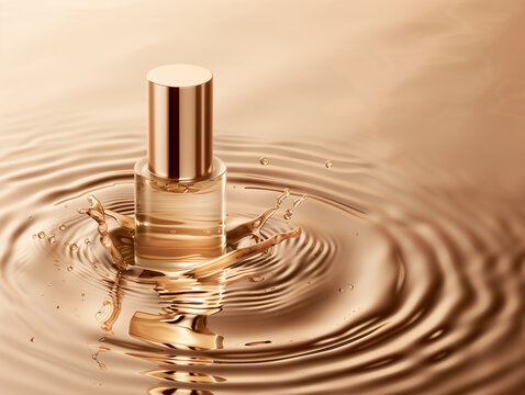 Cream bottle product on a dark brown gradient background with water ripples.