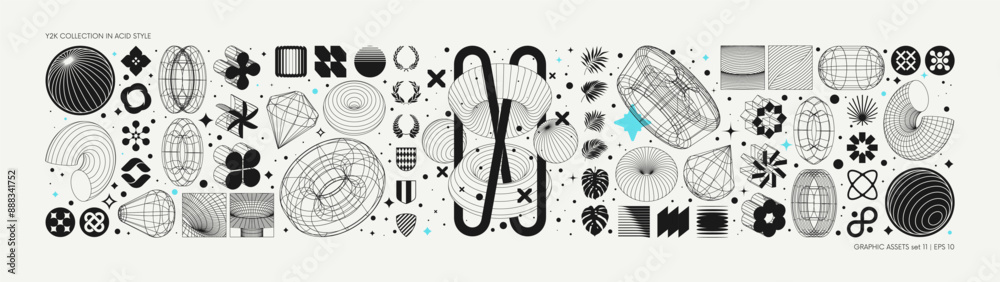 Poster Vector graphic assets set in acid style, retro futuristic background with wireframe elements of different forms, bold modern shapes for design template, poster, stickers, banner in Y2k style set 11