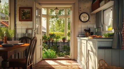 Suburban farmhouse with a cozy breakfast nook overlooking a small herb garden, accessible through a charming Dutch door