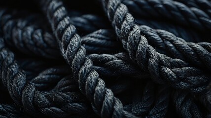  Close-up of strong, twisted black rope texture. Ideal for backgrounds, industrial designs, and showcasing durability and strength.







