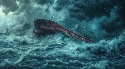 Fototapeta premium Ship sinking in stormy seas highlights perilous maritime crisis and disaster management. Concept Maritime Crisis, Disaster Management, Ship Sinking, Stormy Seas, Perilous Situation
