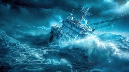 Ship sinking in stormy seas highlights perilous maritime crisis and disaster management. Concept Maritime Crisis, Disaster Management, Ship Sinking, Stormy Seas, Perilous Situation