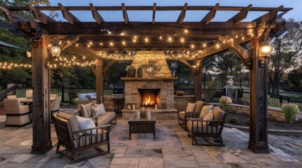 Fototapeta premium Rustic suburban farmhouse with a cozy outdoor seating area under a pergola, complete with a stone fireplace and vintage string lighting