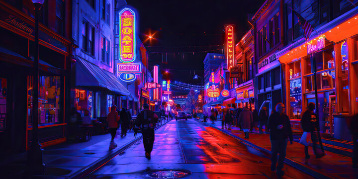 The Glow of Main Street: A bustling street scene at night, neon signs casting a warm glow over shop windows and passersby.