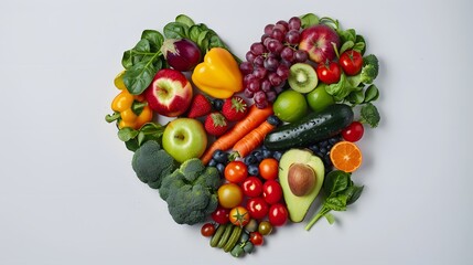 Fruits and vegetables concept, Fruits and vegetables in heart shape on white background.