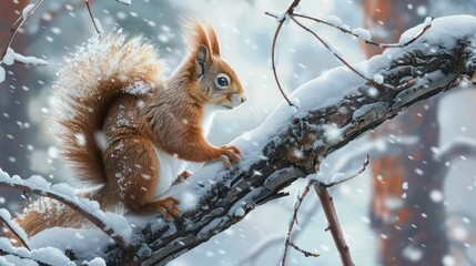 squirrel in the snow. squirrel on a tree. squirrel on snowy branch in winter landscape during winter time. cold weather. wildlife in snow. Sciuridae. squirrel. orange squirrel