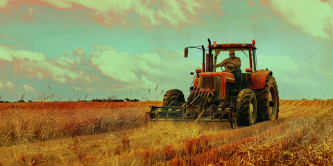 Obraz premium The Heartland Harvest: A farmer driving a tractor, plowing a field of crops.