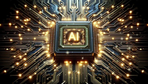 Microchip with AI logo symbolizing technology and data transfer, network, artificial intelligence, information processing