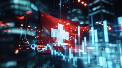 Switzerland flag and country's economy financial graphs. Swiss country, Switzerland global economic influence. Double exposure. Inflation, deflation, profit & loss, Business, banking, Investment.