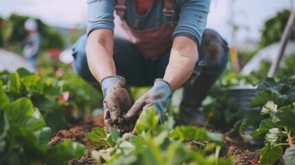 Naklejka premium Cultivating Freshness: Gardener's Hands Planting in Fertile Soil