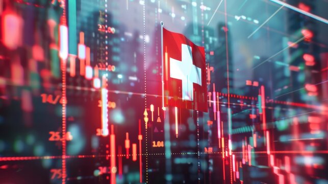Switzerland flag and country's economy financial graphs. Swiss country, Switzerland global economic influence. Double exposure. Inflation, deflation, profit & loss, Business, banking, Investment.