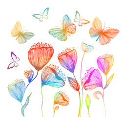 Line colored flowers with butterflies. hand drawing. Not AI, Vector illustration