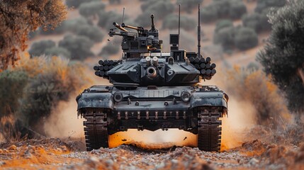 Intense aerial chase  military drone in pursuit of tank from above in a thrilling hunt