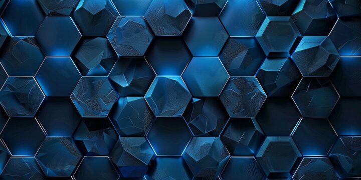 Abstract blue hexagonal geometric pattern, metallic hexagon shapes in 3D design with dark light effects, modern background, technology concept