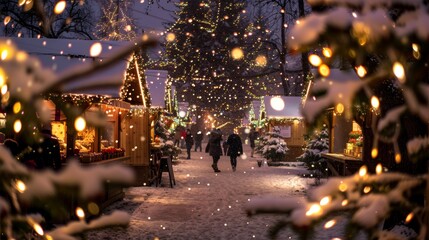 Enchanting christmas market with twinkling lights and festive carolers singing joyful songs