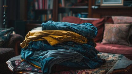 Stack of wrinkled garments on the living room s coffee table