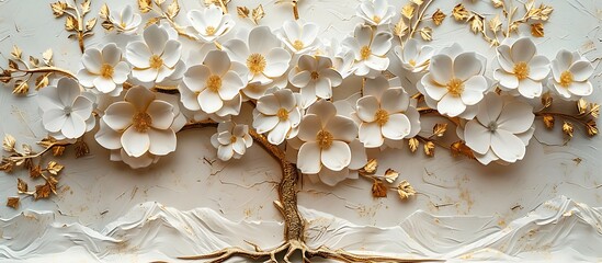 Tree with white flowers, gold leaves on a light background, elegant 3D wallpaper in relief sculpture style.