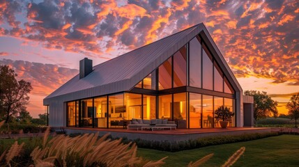 Modern suburban farmhouse with a sharp, angular roof and expansive windows that reflect the vibrant sunset sky