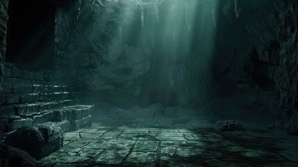 Obraz premium Underground dungeon, fantasy adventure tabletop role play game setting, dark and creepy background created with generative ai