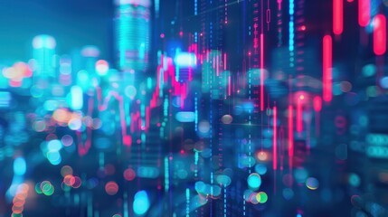 View of stock market expansion, business investment, and data analysis concept featuring digital financial charts, graphs, and indicators against a dark blue blurred background