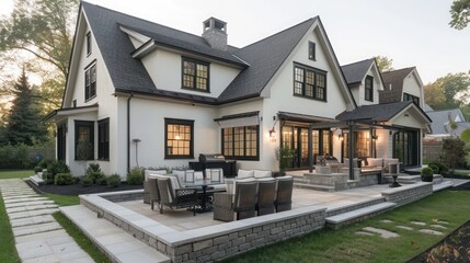 Naklejka premium Elegant suburban farmhouse with an off-white exterior and dark trim, featuring a stone patio area with a built-in grill