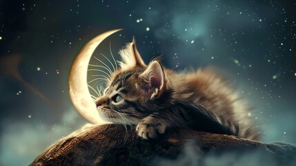 A beautiful kitten in the moon embrace