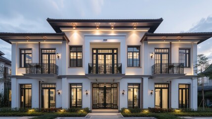 Fototapeta premium Elegant suburban farmhouse with symmetrical design, featuring a central double-door entrance and twin balconies