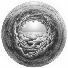 eternal paradise entry, top view, journey to divine realm, futuristic tone, monochromatic illustration, isolated on white background