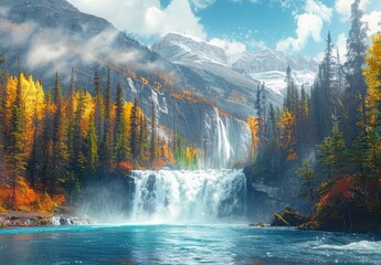 Waterfall Cascading Through a Mountainous Landscape
