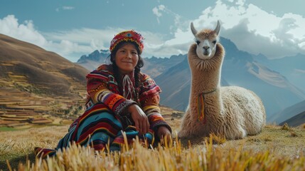 A native Peruvian with her alpaca in Peru.