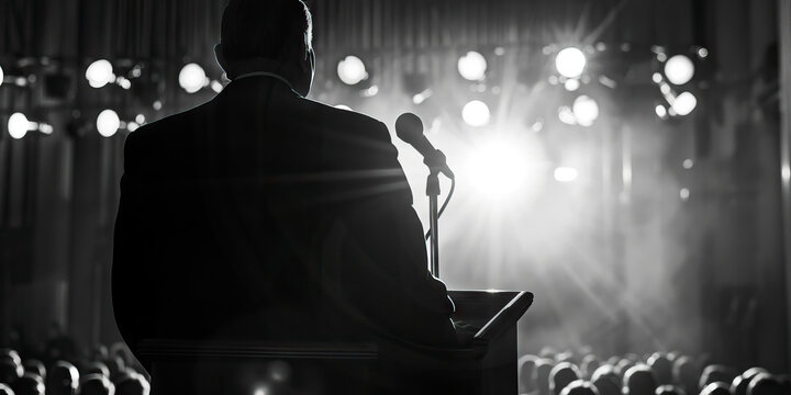 The Inspiring Voices of American Leadership: A podium and microphone, with the silhouette of a dynamic public speaker, preparing to address an audience of admirers.