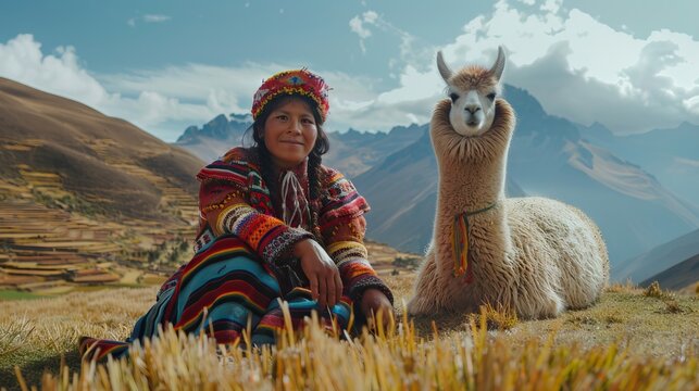 A native Peruvian with her alpaca in Peru.