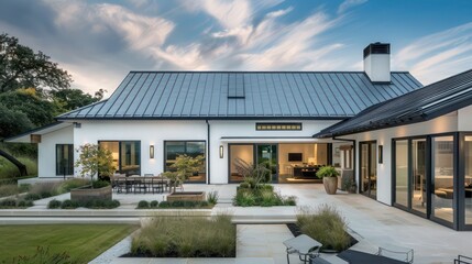 Contemporary suburban farmhouse with a sculptural metal roof and expansive patios that integrate indoor and outdoor living spaces seamlessly