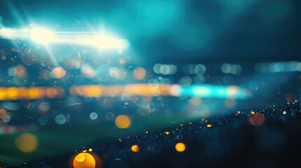 Abstract wide-angle shot of football arena, out of focus with bright lights, blurred stands and field capturing stadium atmosphere. Blurred view football arena