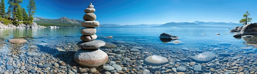 Fototapeta premium Zen Stones Stacked by Clear Lake in a Mountainous Landscape
