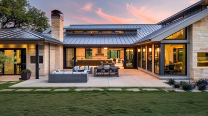 Obraz premium Contemporary suburban farmhouse with a sculptural metal roof and expansive patios that integrate indoor and outdoor living spaces seamlessly