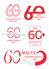 Set for the 60th anniversary of Malta's Independence Day. Different variations of large red number 60 with Maltese flag. Great for logo, card, website, print, design, poster, social media. Vector flat