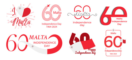 Set for the 60th anniversary of Malta's Independence Day. Different variations of large red number 60 with Maltese flag. Great for logo, card, website, print, design, poster, social media. Flat style