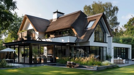 suburban farmhouse with a blend of old and new architecture, featuring a thatched roof and sleek glass extensions