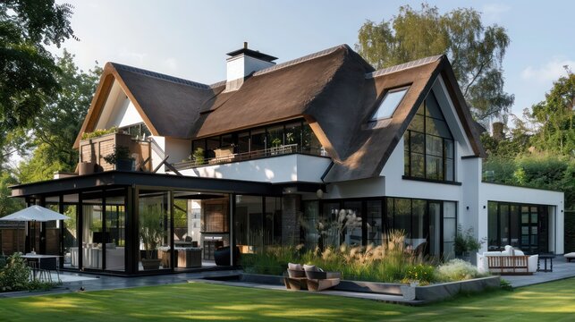 suburban farmhouse with a blend of old and new architecture, featuring a thatched roof and sleek glass extensions