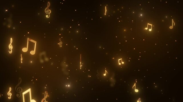 3d golden music notes flying on dark background 4k animation, music and concert  motion design element